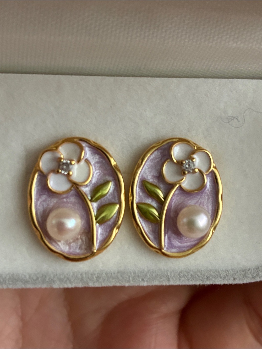 Gold-Tone Floral Pearl Earrings in Lavender Enamel